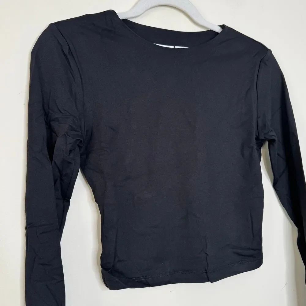 Susana Monaco Long Sleeve Crewneck Crop Top - Black NWT Size Large
